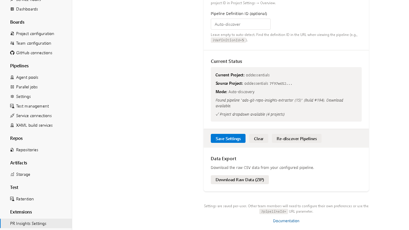 PR Insights settings page in Azure DevOps Project Settings